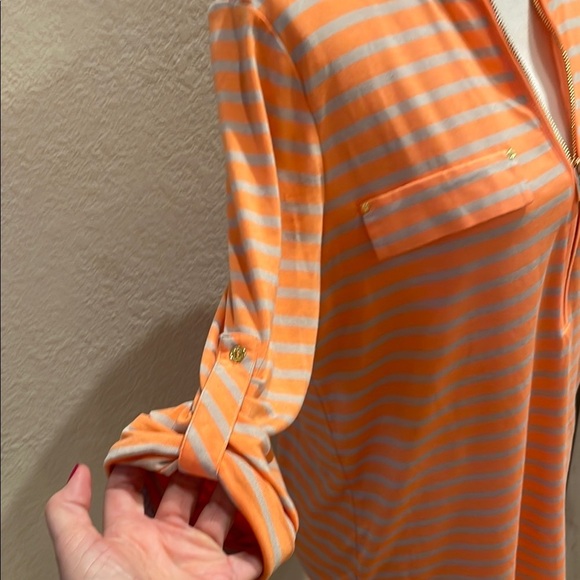 NWT Calvin Klein Orange/Tan Cuffed Sleeve Blouse with 3/4 zipper front - Picture 3 of 6